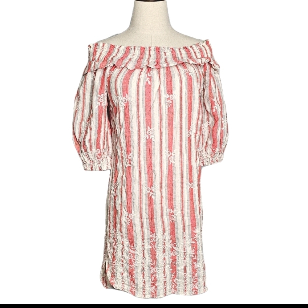 MISA Los Angeles  XS Orange Stripe Boho Embroidered Off Shoulder Mini Dress